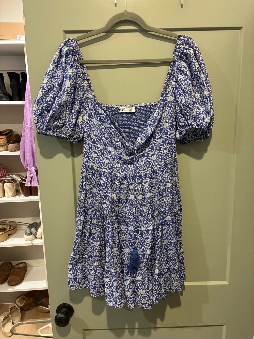 Zara Blue Floral Puff-Sleeve Mini Dress